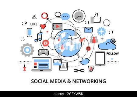 Modern flat thin line design vector illustration, concept of social media, social networking, web communtity and posting news for graphic and web desi Stock Vector