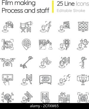 Film making process and staff linear icons set Stock Vector