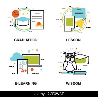 Modern flat thin line design vector illustration, set of education concepts, gradution, school lesson, e-learning process and wisdom abstract, for gra Stock Vector