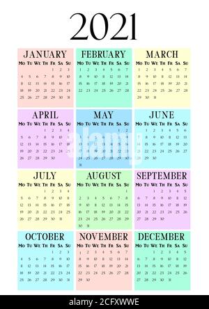 2021 Year Vertical calendar on A4 paper format. Pastel wall calendar template. 2021 year by months. Classic vertical calendar for business planner. We Stock Vector
