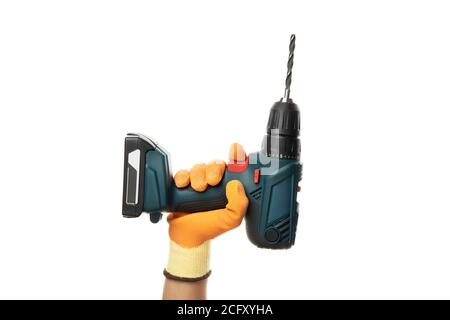 Male hand holds cordless drill, isolated on white background Stock Photo