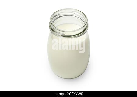 Glass bottle of sour cream yogurt isolated on white background Stock Photo
