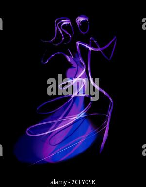 Balroom Dancers Couple, Blurred silhouettes. Expressive stylized illustration of Young couple dancing ballroom dance on black background. Stock Photo