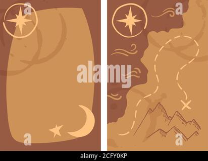 Old treasury map card two sides, vector illustration with text place. Gift or greeting card template with place for text. Vintage treasury map with co Stock Vector