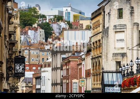 Bristol City Centre Architecture - view from central Bristol on Broad Street up St Michael's Hill to the University of Bristol campus. Stock Photo