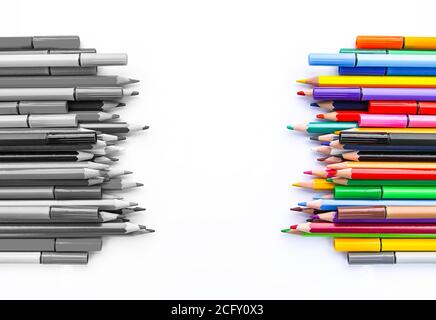 School supplies. Back to School design elements. Colored pencils on white background. Stock Photo