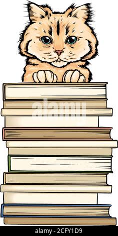 portrait of pet with books for education. animal portrait holds books with its paws. color portrait with books for school and university. vector portr Stock Vector