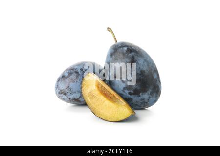 Fresh blue plums isolated on white background Stock Photo