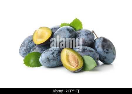 Plums with leaves isolated on white background Stock Photo
