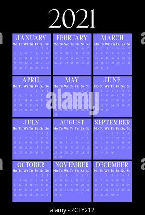 2021 Year Vertical calendar on A4 paper format. Black and blue wall calendar. 2021 year by months. Classic vertical calendar in dark color scheme. Wee Stock Vector
