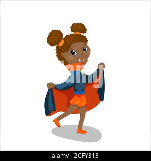 Cute kid in Halloween costume, vector character isolated on white background. Pretty african girl dressed for Halloween party. Teen girl in vampire co Stock Vector