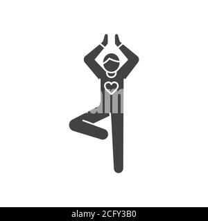 Faceless person stands in tree pose vrikshasana black glyph icon. Yoga pose. Asana. Home leisure. Vector isolated illustration. Stock Vector