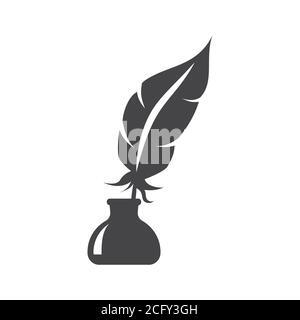 Bird feather in inkwell black vector icon. Quill pen in ink stand or well glyph symbol. Stock Vector