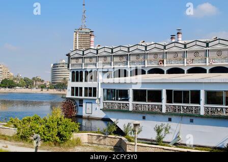 White Boat restaurant against blue sky on Nile River in Cairo.  Stock Photo
