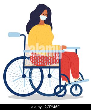 cartoon young woman with face mask sit in wheelchair with blue elements and beige back and seat. Red trousers and yellow sweater. Hand drawn style Stock Vector