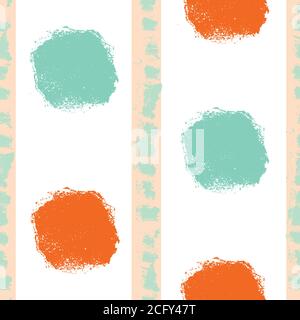 Mono print style circles seamless vector pattern background. Textured stamp effect orange, mint green round shapes and vertical stripes on white Stock Vector