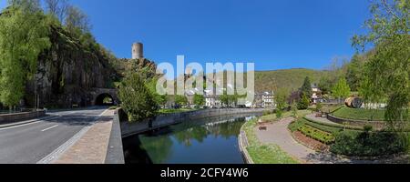 Europe, Luxembourg, Diekirch, Esch-sur-Sûre, Panoramic views of River Sûre and Village Centre Stock Photo