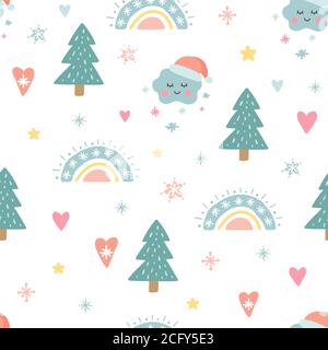 Christmas seamless pattern with cute funny characters. Unique decoration with rainbow, christmas tree, clouds, snowflakes, santa hat, sun and balls Stock Vector