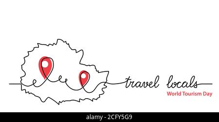 Travel locals simple web banner with pinpoint icon. Vector minimalist background. One continuous line drawing with lettering travel locals Stock Vector
