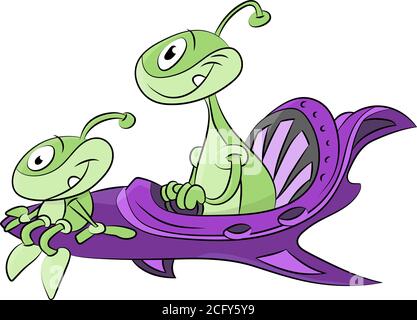 Cartoon aliens traveling with their spaceship vector illustration Stock Vector