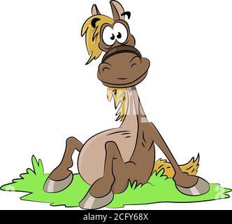 Cute cartoon horse sitting on grass smiling vector illustration Stock Vector