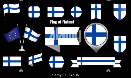 The Flag of Finland. Big set of icons and symbols. Square and round Finland flag. Collection of different flags of horizontal and vertical. Stock Vector