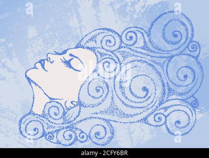 Hand drawn vector illustration. Portrait of a girl in the form of a cloud on a grunge background. Comic style Stock Vector