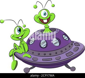 Cartoon aliens traveling with their spaceship vector illustration Stock Vector