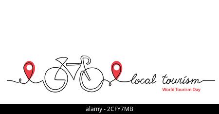 Local tourism simple web banner ,background, poster with pinpoint icon and bicycle. Vector minimalist background. One continuous line drawing with Stock Vector