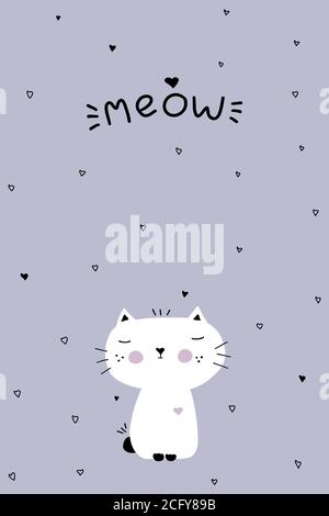 A nice postcard with a brooding cat sitting with his eyes closed, surrounded by hearts. Stock Vector