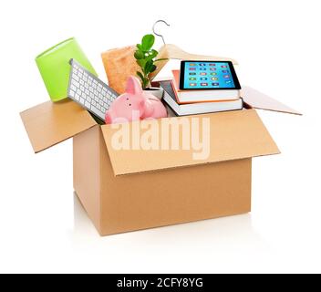Cardboard box full with household stuff Stock Photo