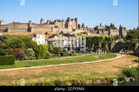 View of park outside the fortress town of Carcassonne in southern France Stock Photo