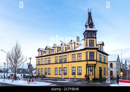 Reykjavik, Iceland - 18th January 2020: Traditional brightly painted exterior of a building in Reykjavik, the capital city of Iceland. Street scene in Stock Photo