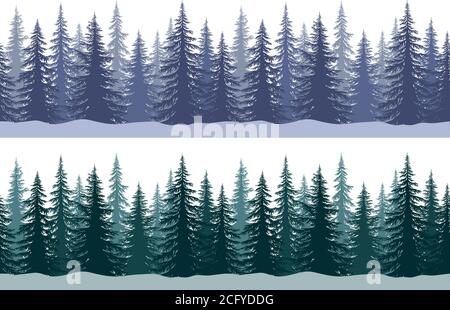 Seamless Horizontal Winter Landscapes with Christmas Coniferous Trees and Snowflakes, Tile Holiday Background. Vector Stock Vector