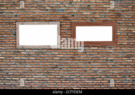 old photo wood frames on brick wall. Wooden picture frame. Stock Photo