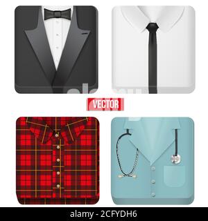 Premium Icons white shirt, tuxedo, doctor and village man cloth. Stock Vector