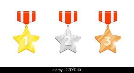 Gold silver bronze medal star reward set with first second third place number for video game or mobile apps animation. Winner trophy bonus achievement award flat icons isolated on white background Stock Vector