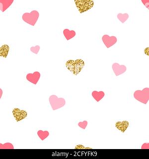 Glittering gold and watercolor pink hearts pattern. Valentines Day ...