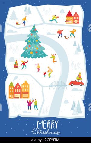 Merry Christmas poster with city map and people doing winter activities. Stock Vector
