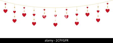 Heart red garland on white background. Valentines Day border. Romantic design with hanging hearts. Holiday texture for greeting card, wedding Stock Vector