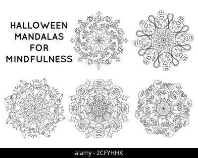 Halloween mandala outline patterns for coloring books Stock Vector