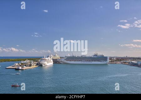 FORT LAUDERDALE, USA - MARCH 20, 2017 : Two luxury cruise ships docked in Port Everglades in Fort Lauderdale. Stock Photo