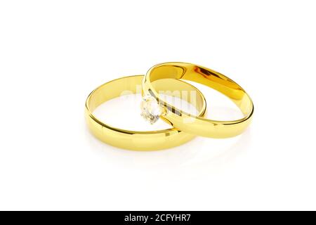 Pair of gold and diamond wedding rings isolated on white background. 3d illustration. Stock Photo