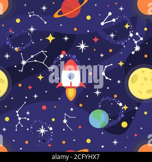 Space pattern with stars, milky way, constellations, zodiac, nebula, planets, moon, Earth, black hole, rocket, Sun. Constellation background in flat Stock Vector