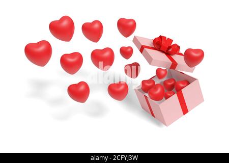 Hearts coming out of a pink gift box with red bow isolated on a white background. 3d illustration. Stock Photo
