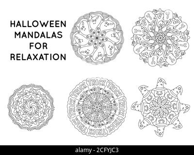 Halloween mandala outline patterns for coloring books Stock Vector
