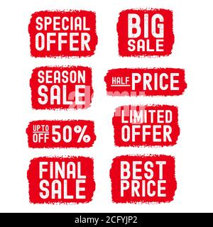 Hand sketched set of sale quotes. Drawn banner, tag, label, sticker. Special Offer, Big Sale, Half Price Stock Vector