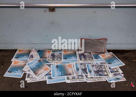 London, UK. 8th September 2020. Rough sleeping near Waterloo with bedding made using multiple copies of Evening Standard newspaper. Credit: Guy Corbishley / Alamy Live News Stock Photo