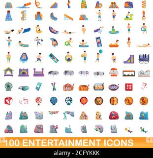 100 entertainment icons set. Cartoon illustration of 100 entertainment icons vector set isolated on white background Stock Vector