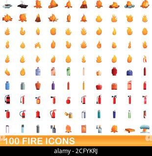 100 fire icons set. Cartoon illustration of 100 fire icons vector set isolated on white background Stock Vector